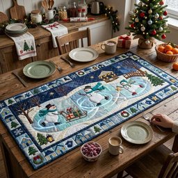 Snowmen Ice Skating on a Frozen Pond Table Runner - Made to Order TABLE928