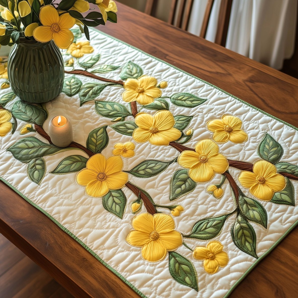 Yellow Flower Branch on Ivory Table Runner - Made to Order TABLE928