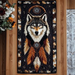 Wolf with Feathers on Black Table Runner - Made to Order TABLE928