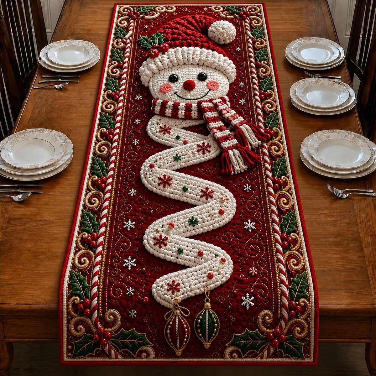Snowman with a Zigzag Scarf on Red Table Runner - Made to Order TABLE928