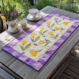 Yellow Tulip Blocks with Lilac Trim Table Runner - Made to Order TABLE928