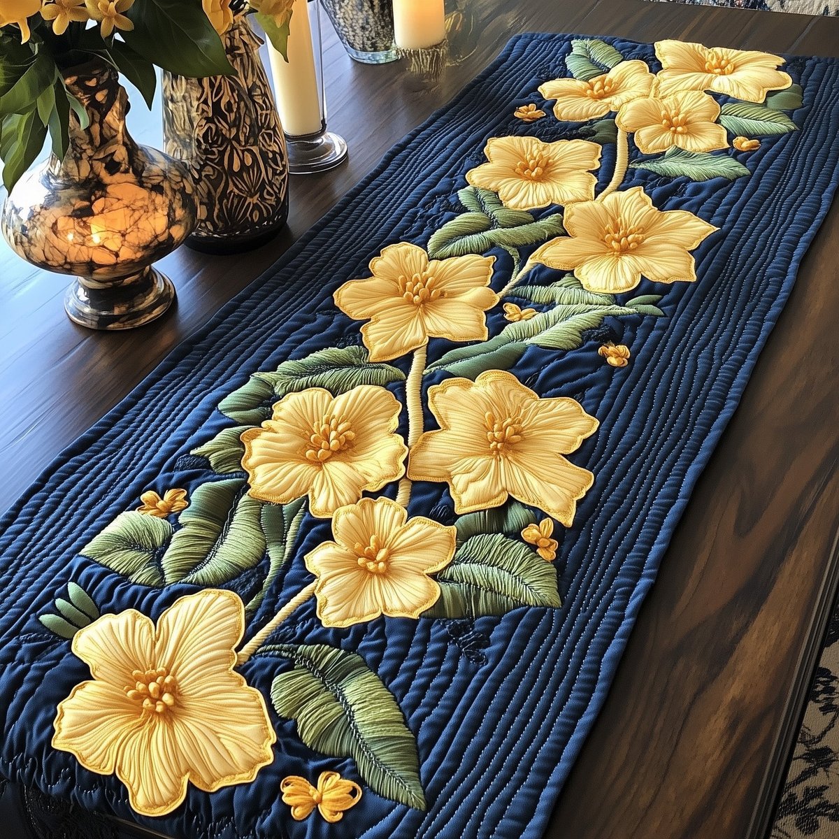 Yellow Blossoms on Navy Quilting Table Runner - Made to Order TABLE928