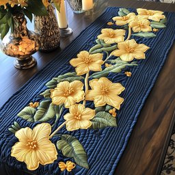 Yellow Blossoms on Navy Quilting Table Runner - Made to Order TABLE928