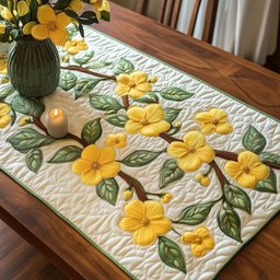 Yellow Blossoms and Green Leaves Table Runner - Made to Order TABLE928