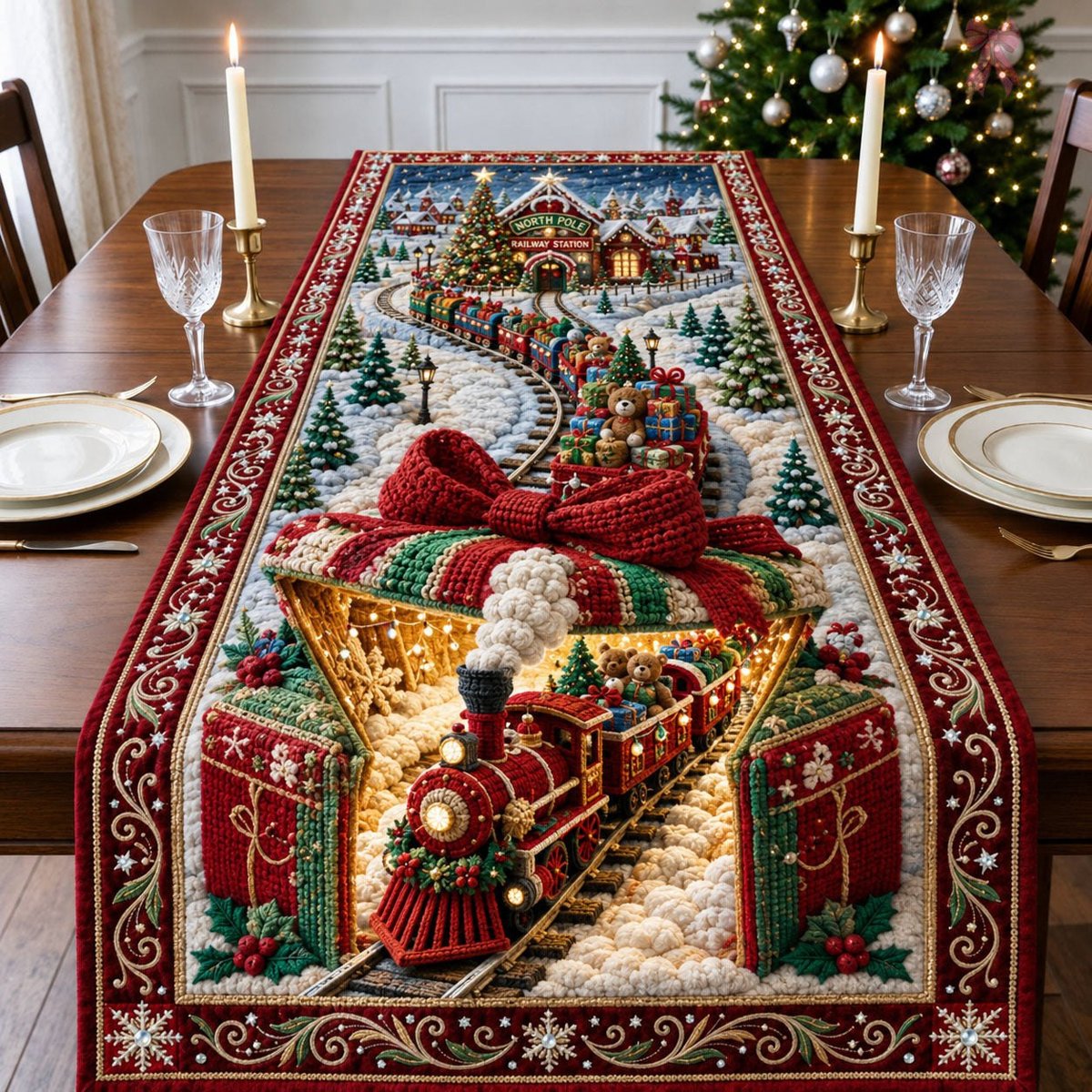 Snowy Village Gift Train Table Runner - Made to Order TABLE928