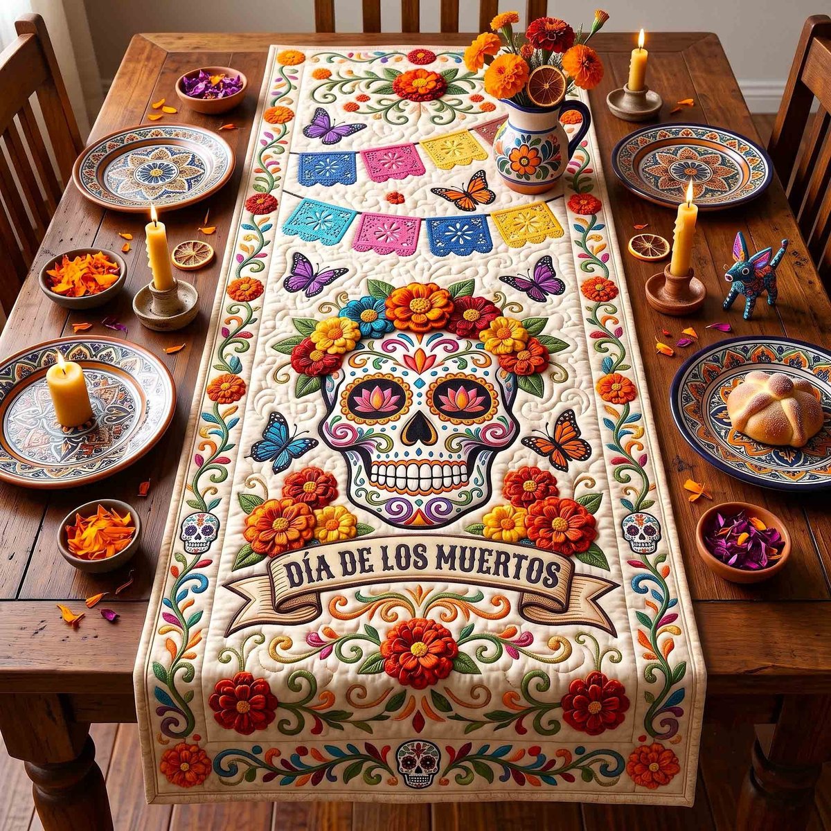 Day of the Dead Sugar Skull and Papel Picado Table Runner - Made to Order TABLE928