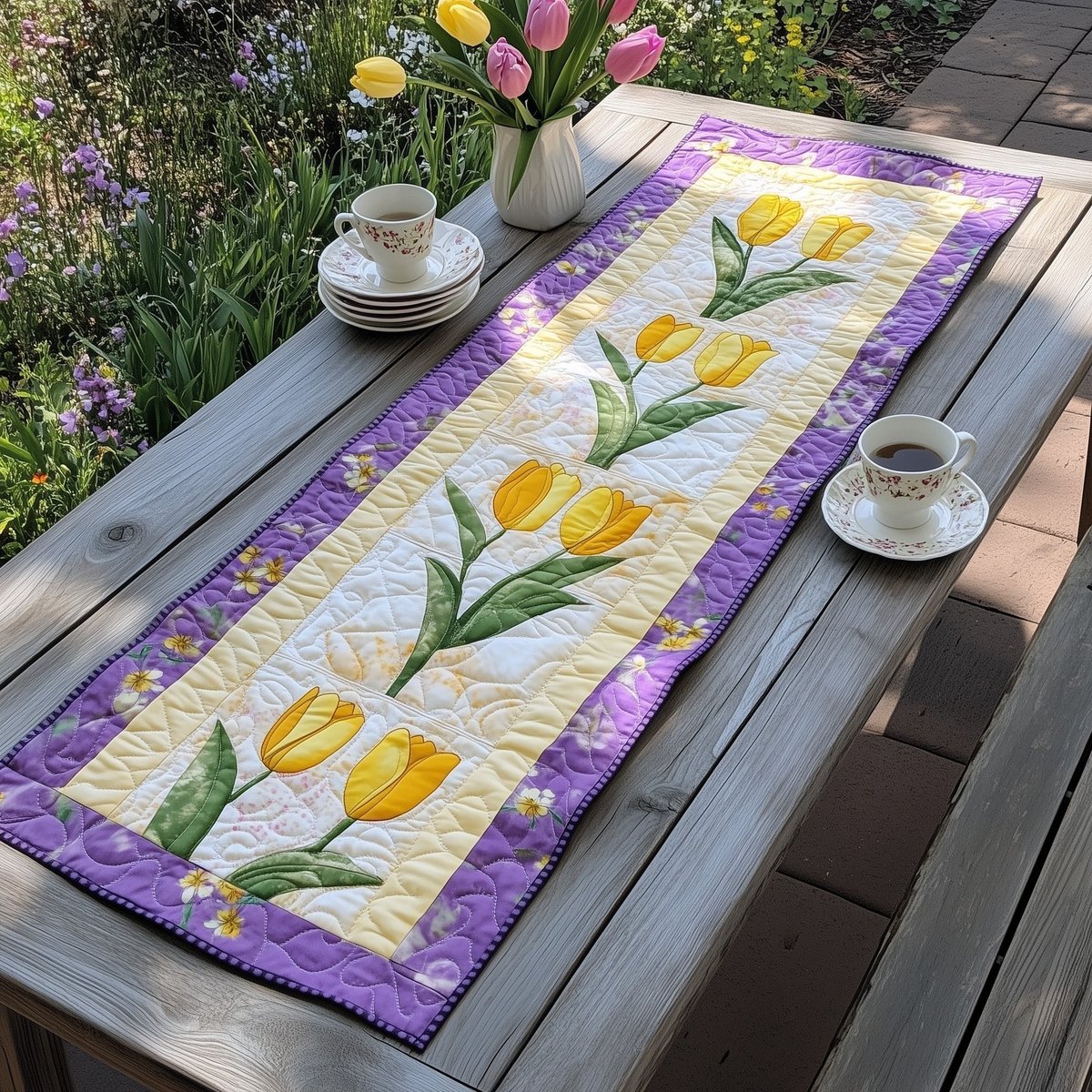 Yellow Tulips with Purple Border Table Runner - Made to Order TABLE928