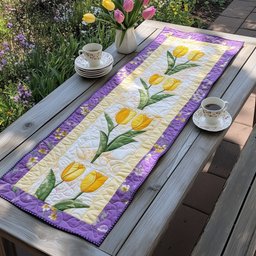 Yellow Tulips with Purple Border Table Runner - Made to Order TABLE928