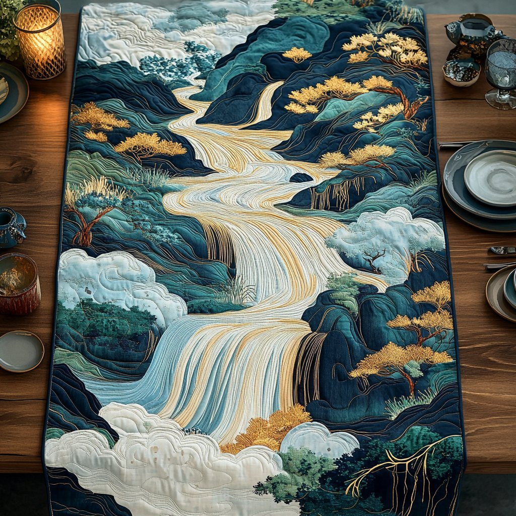 Woodblock Japanese Style Waterfall Table Runner - Made to Order TABLE928