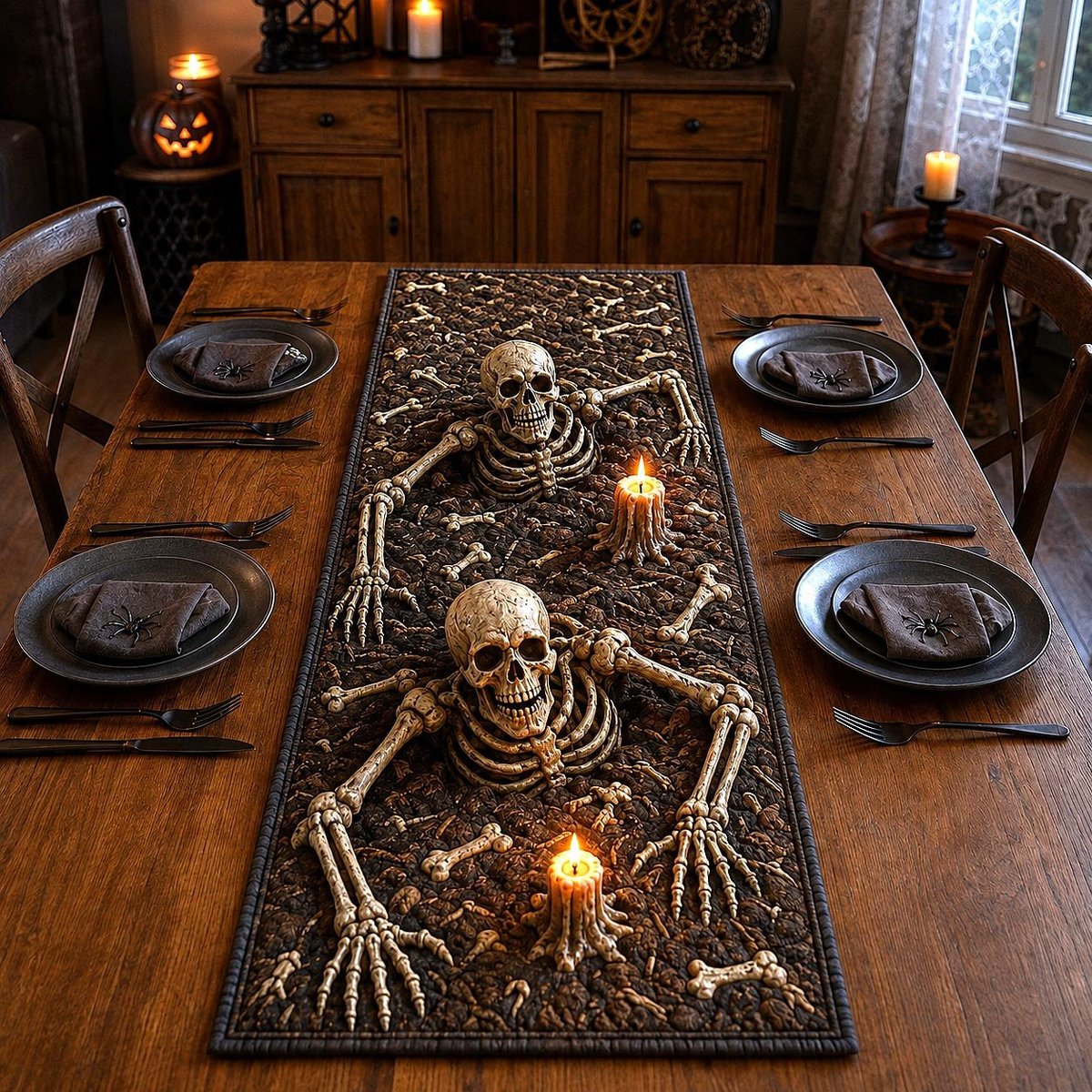 Skeleton Rising from Candlelit Grave Table Runner - Made to Order TABLE928