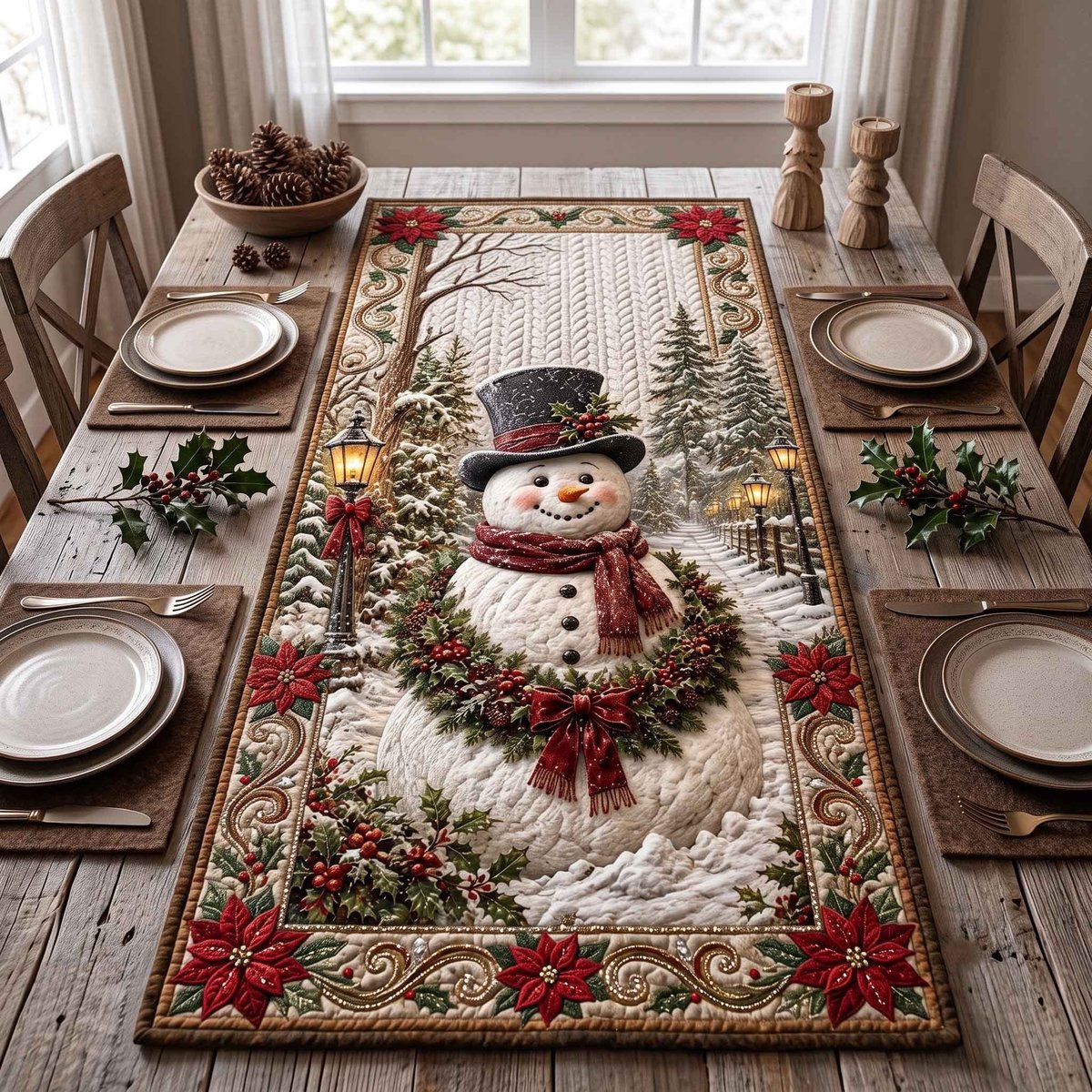 Top Hat Snowman with a Wreath Table Runner - Made to Order TABLE928