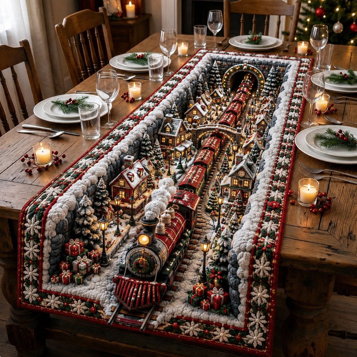Christmas Village Train at Night Table Runner - Made to Order TABLE928