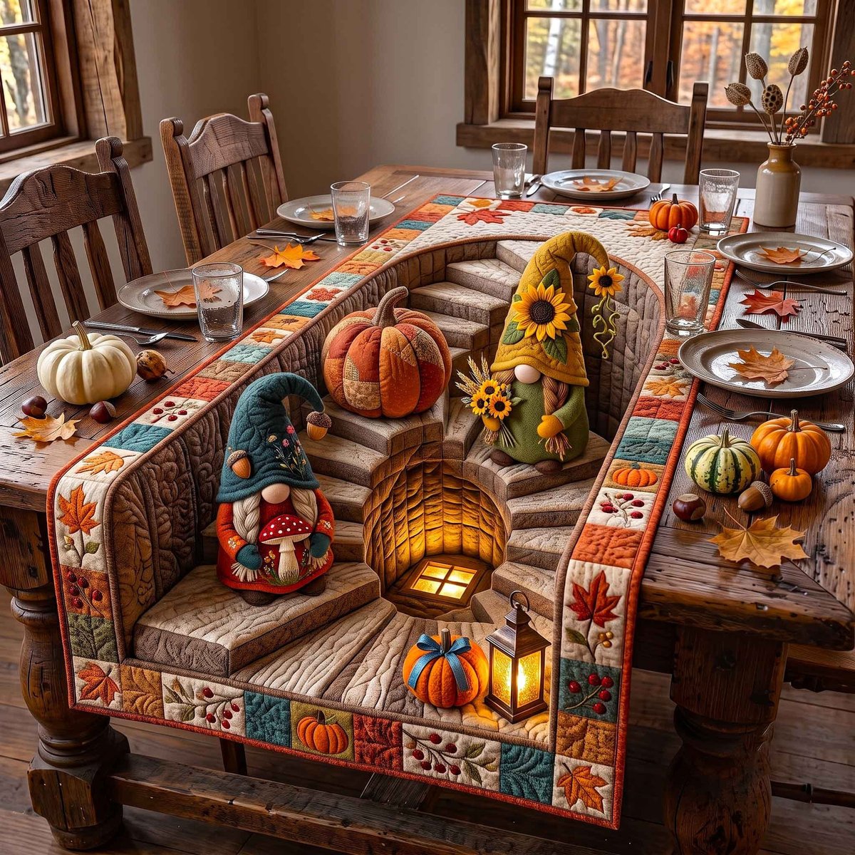 Pumpkin Lantern Gnome Pair Table Runner - Made to Order TABLE928