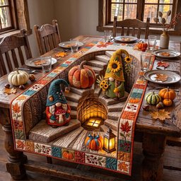 Pumpkin Lantern Gnome Pair Table Runner - Made to Order TABLE928