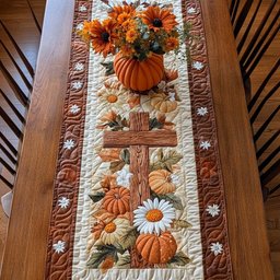 Wooden Cross with Pumpkins and Daisies Table Runner - Made to Order TABLE928