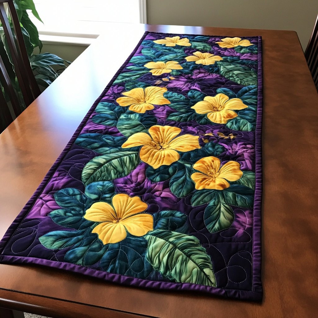 Yellow Hibiscus on Purple Ground Table Runner - Made to Order TABLE928