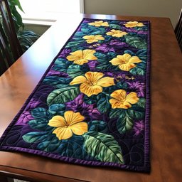 Yellow Hibiscus on Purple Ground Table Runner - Made to Order TABLE928