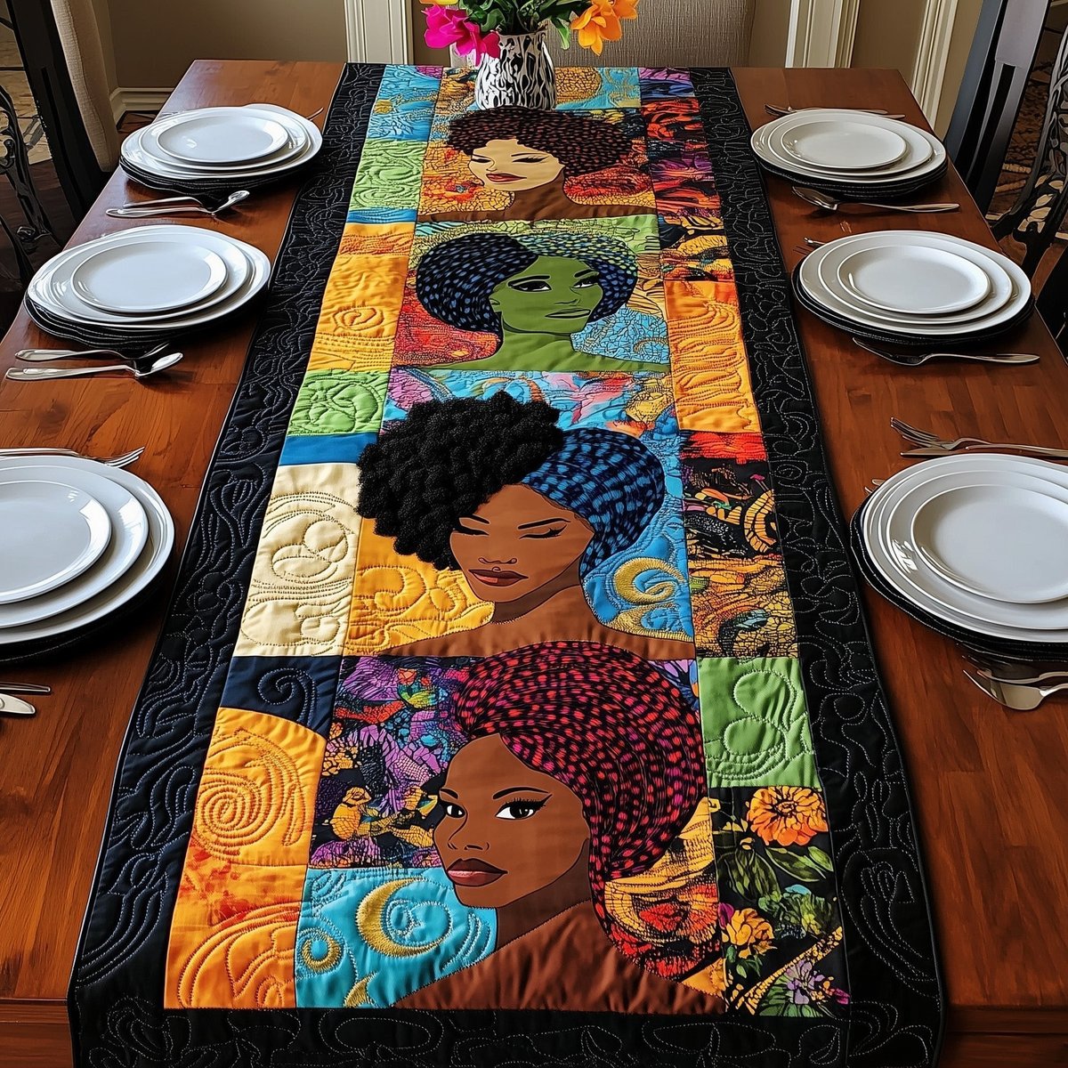 Woman with Afro on Patchwork Table Runner - Made to Order TABLE928