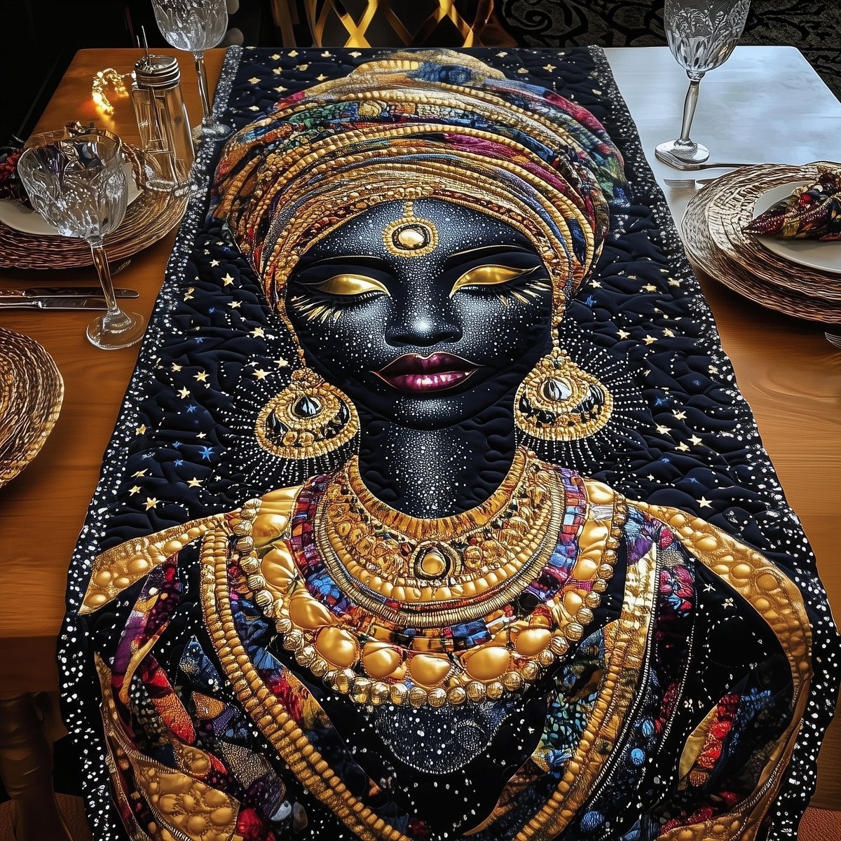 Woman with Gold Jewelry on Black Table Runner - Made to Order TABLE928