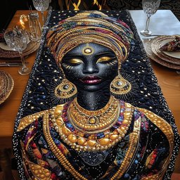 Woman with Gold Jewelry on Black Table Runner - Made to Order TABLE928