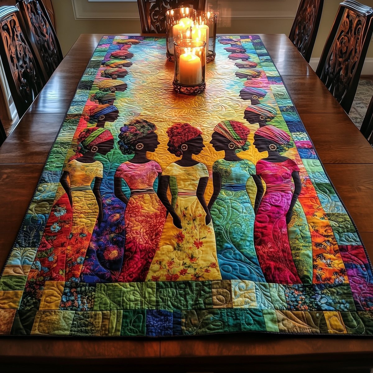 Women in Blue and Pink Gowns Table Runner - Made to Order TABLE928