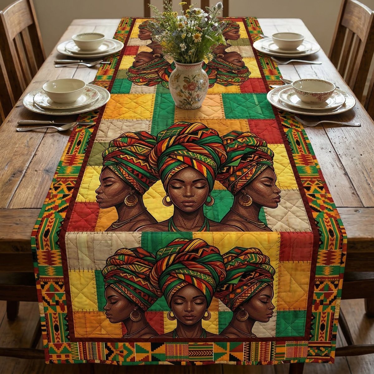 Women in Headwraps on Patchwork Table Runner - Made to Order TABLE928