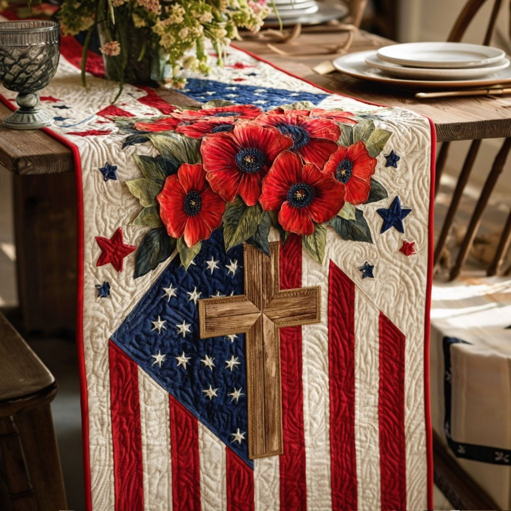 Wooden Cross with Poppies on Flag Table Runner - Made to Order TABLE928