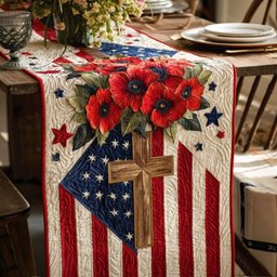 Wooden Cross with Poppies on Flag Table Runner - Made to Order TABLE928