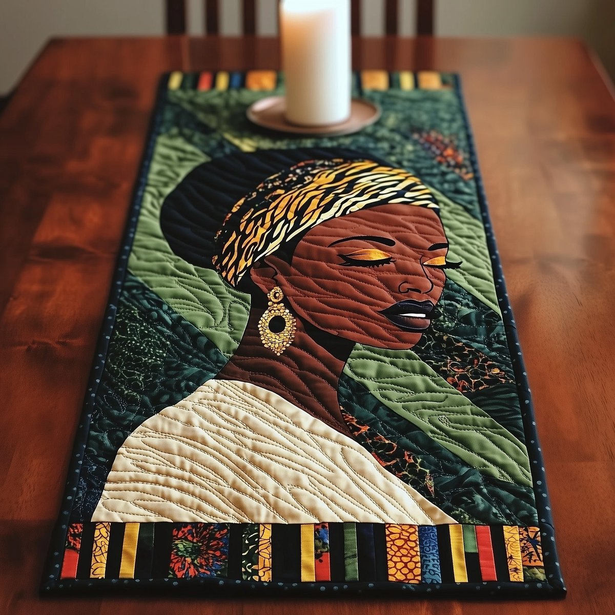Woman in Leopard Print Headwrap Table Runner - Made to Order TABLE928