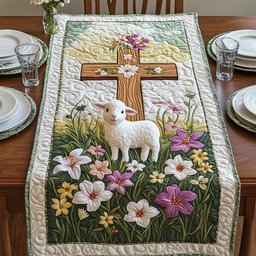 Wooden Cross with Lamb and Lilies Table Runner - Made to Order TABLE928