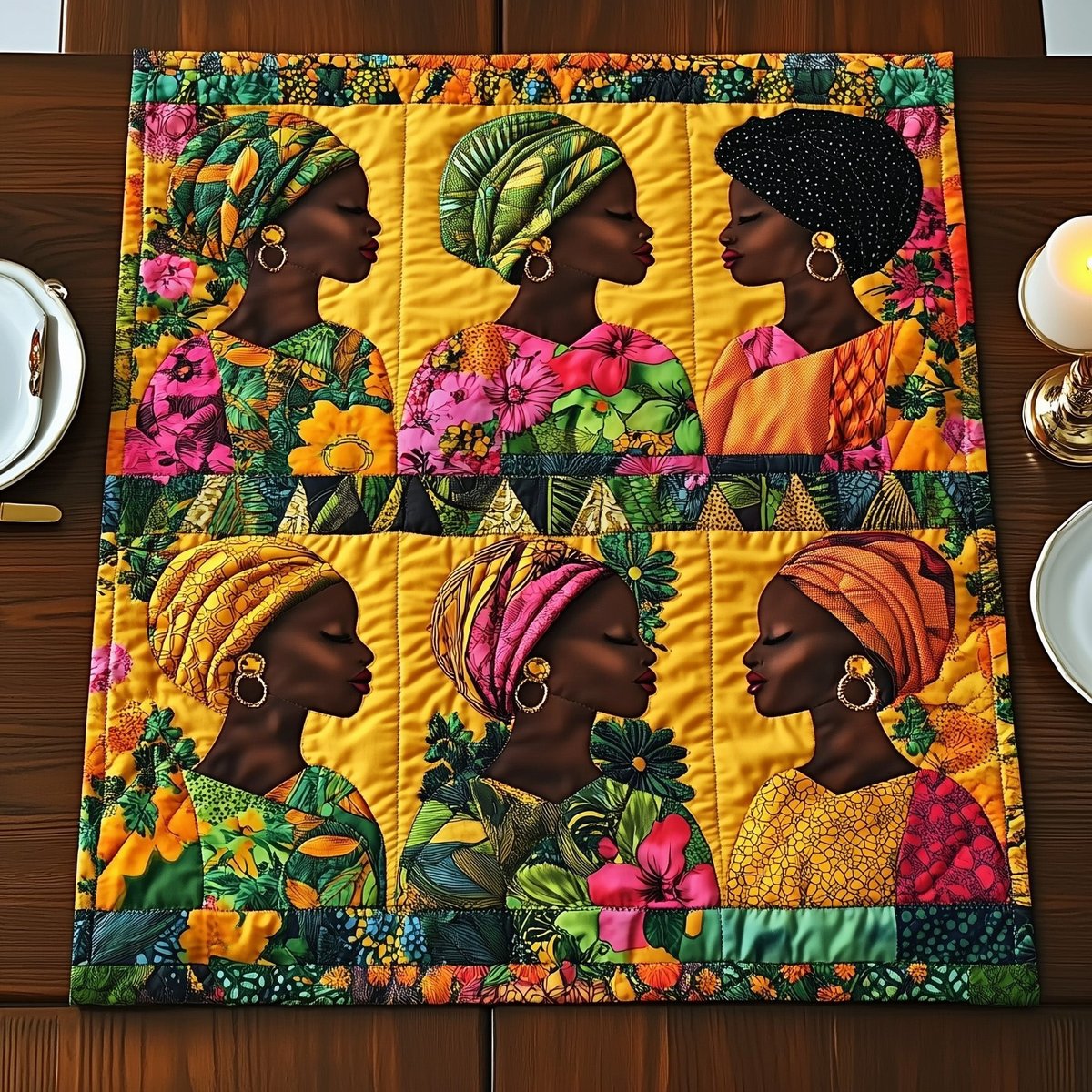 Women Profiles with Pink Flower Blocks Table Runner - Made to Order TABLE928