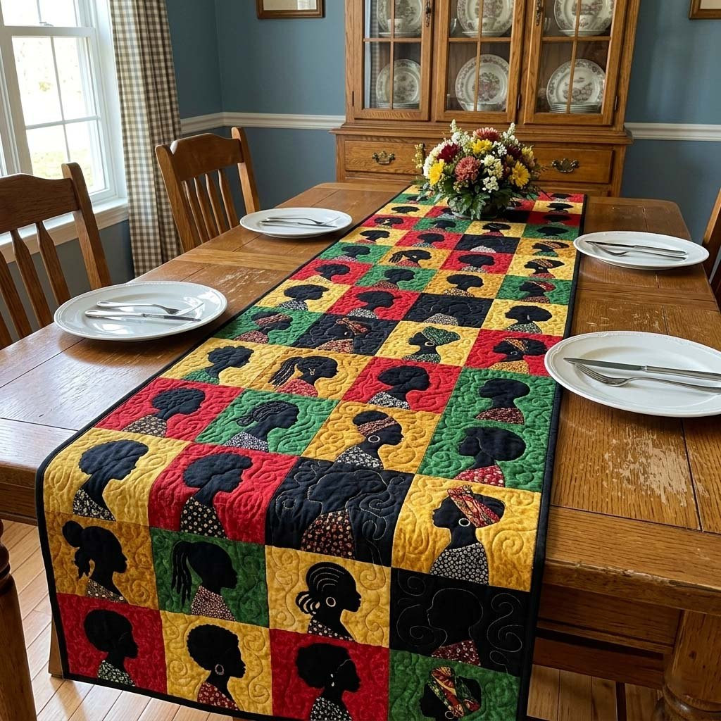 Woman Silhouettes on Kente Blocks Table Runner - Made to Order TABLE928