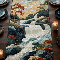 Woodblock Japanese Waterfall Charm Table Runner - Made to Order TABLE928