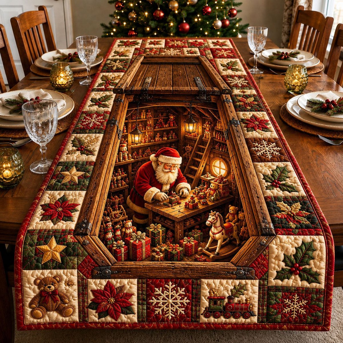 Santa Christmas Workshop Table Runner - Made to Order TABLE928