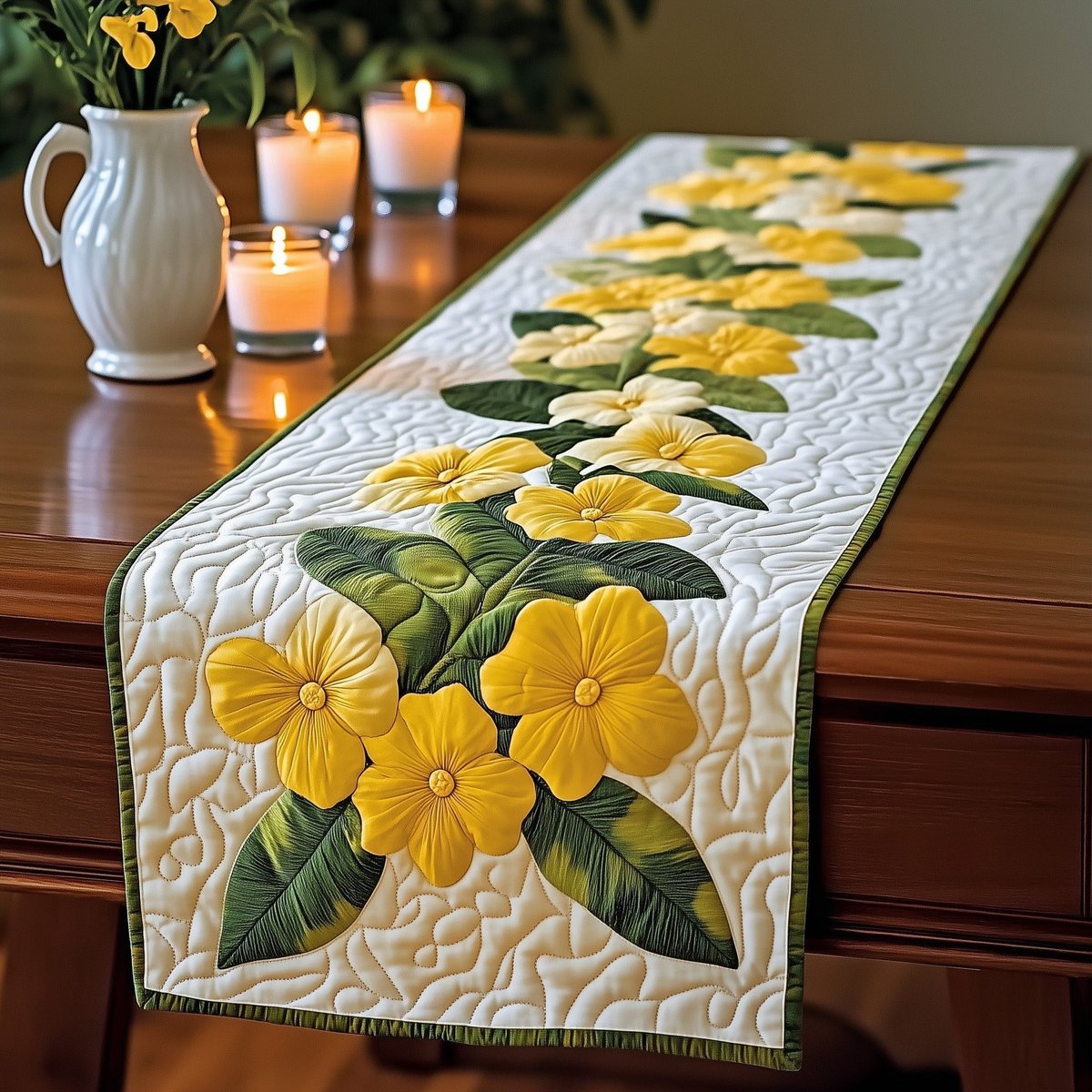 Yellow Blooms on Cream with Green Edge Table Runner - Made to Order TABLE928