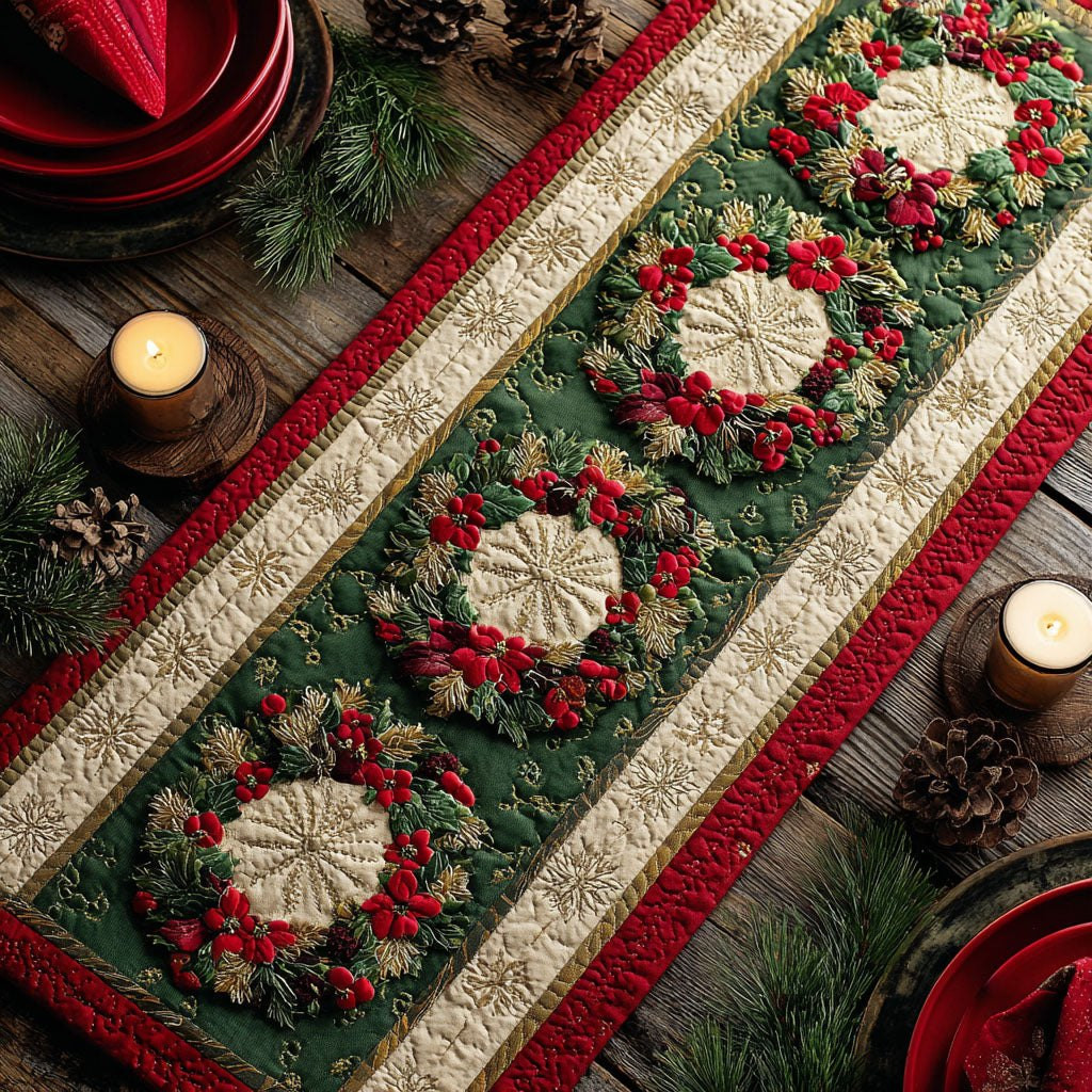 Wreaths on Cream and Green Stripes Table Runner - Made to Order TABLE928