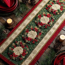 Wreaths on Cream and Green Stripes Table Runner - Made to Order TABLE928