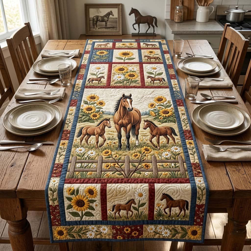 Sunflower Panel Horse Trio Table Runner - Made to Order TABLE928
