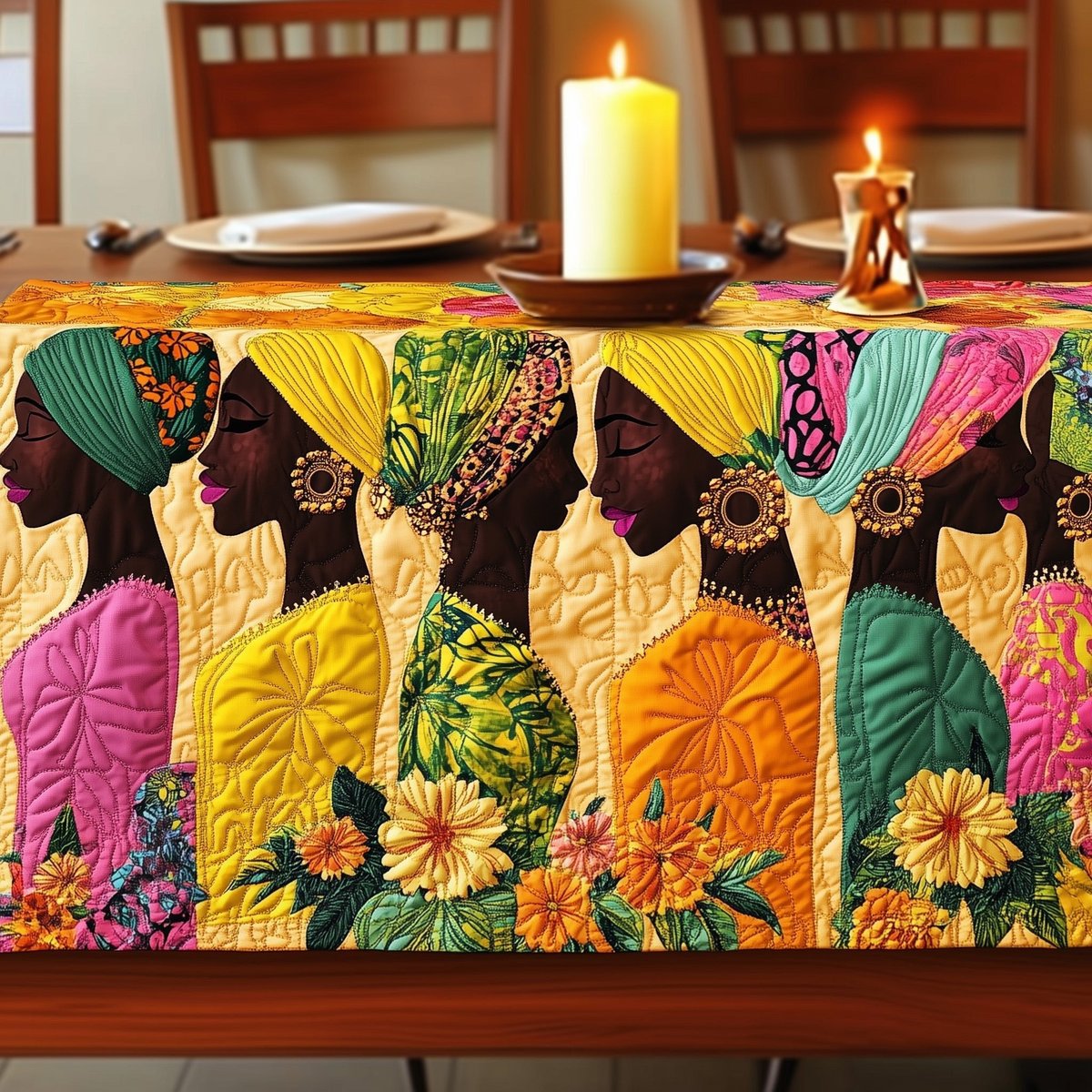 Women with Headwraps Among Sunflowers Table Runner - Made to Order TABLE928