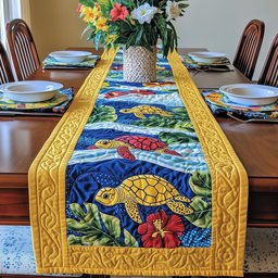 Yellow Turtle in Deep Blue Water Table Runner - Made to Order TABLE928