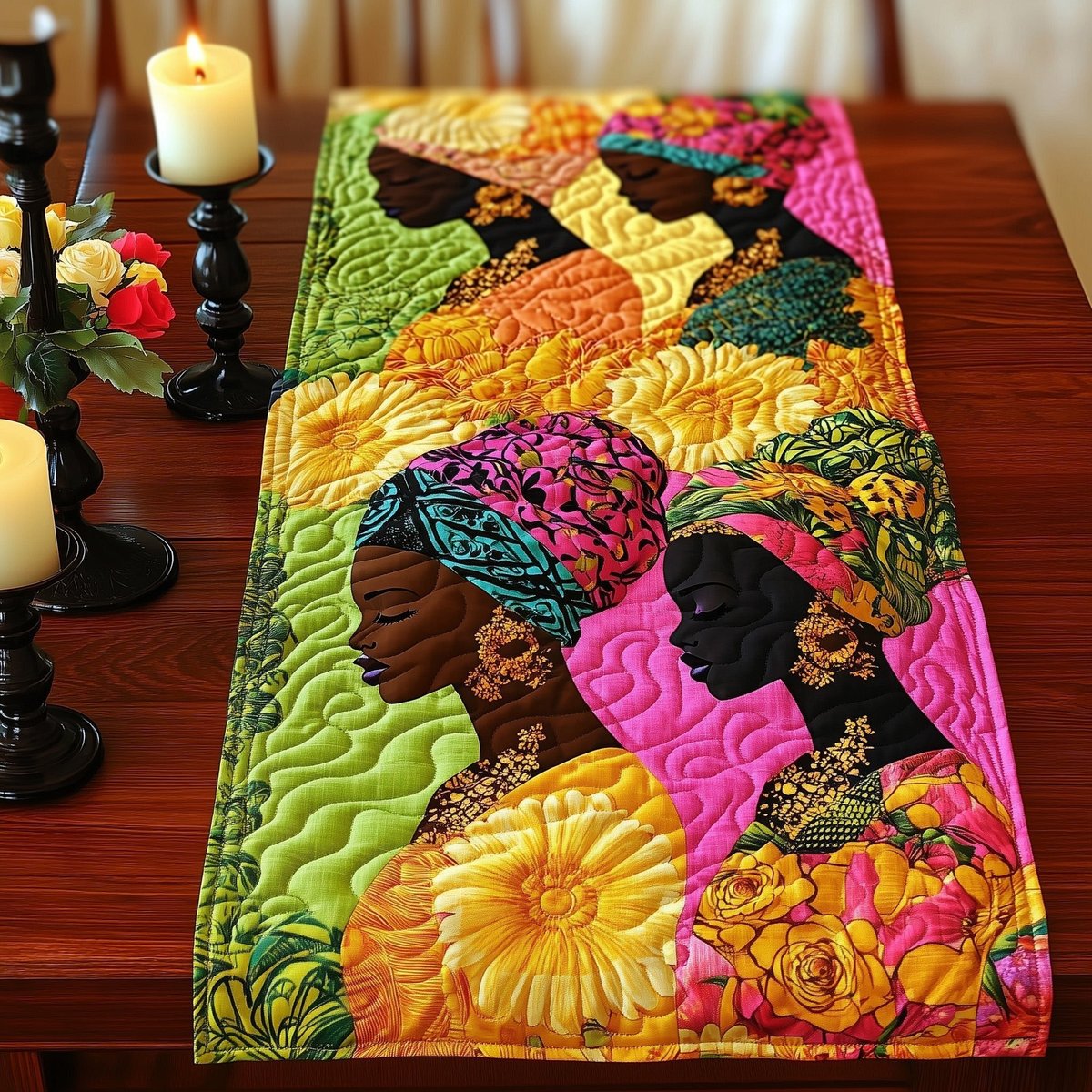 Women Profiles with Yellow Blooms Table Runner - Made to Order TABLE928