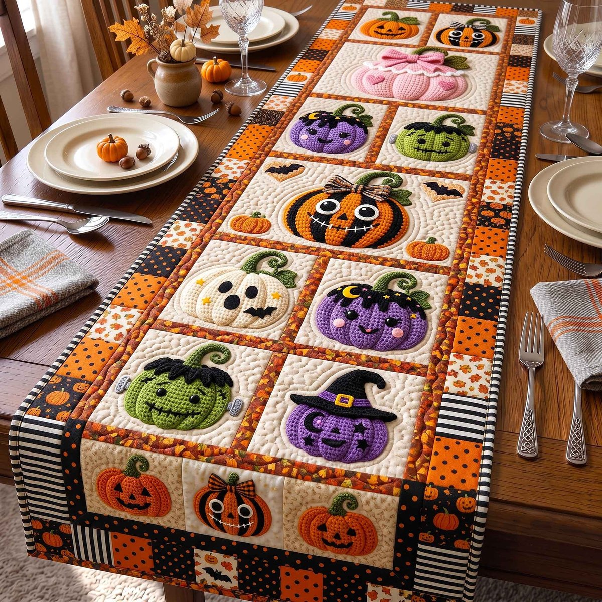 Patchwork Pumpkin Grid Table Runner - Made to Order TABLE928