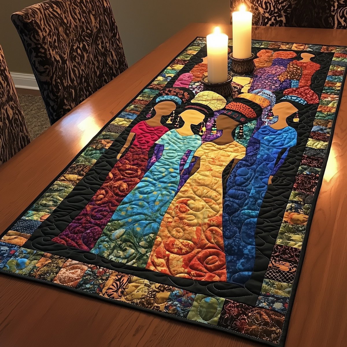 Women in Long Dresses with Black Border Table Runner - Made to Order TABLE928