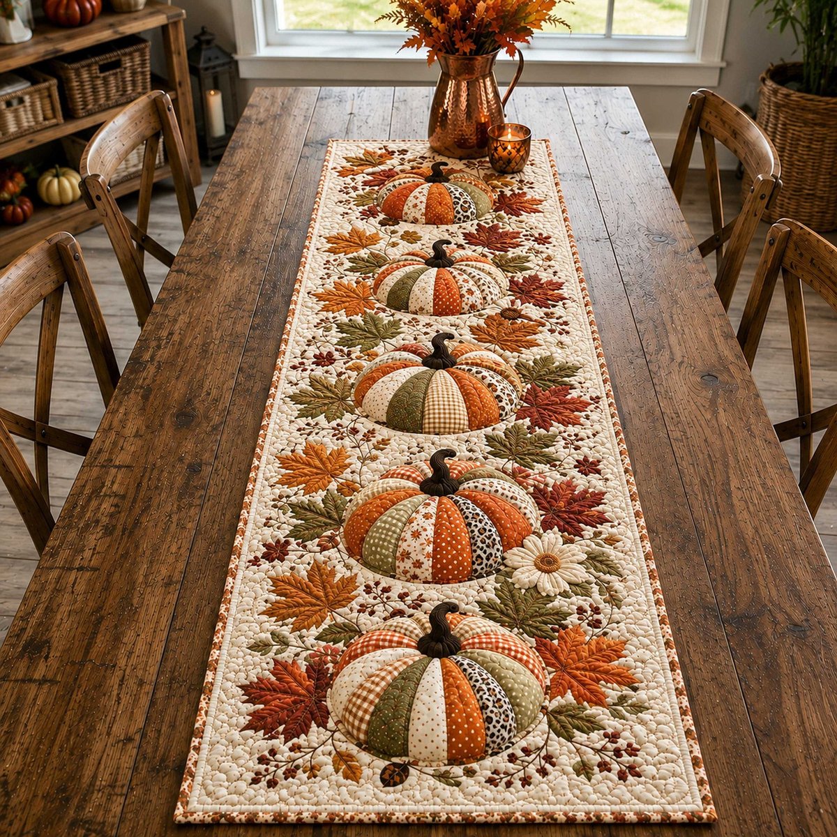 Autumn Pumpkins and Falling Leaves Table Runner - Made to Order TABLE928