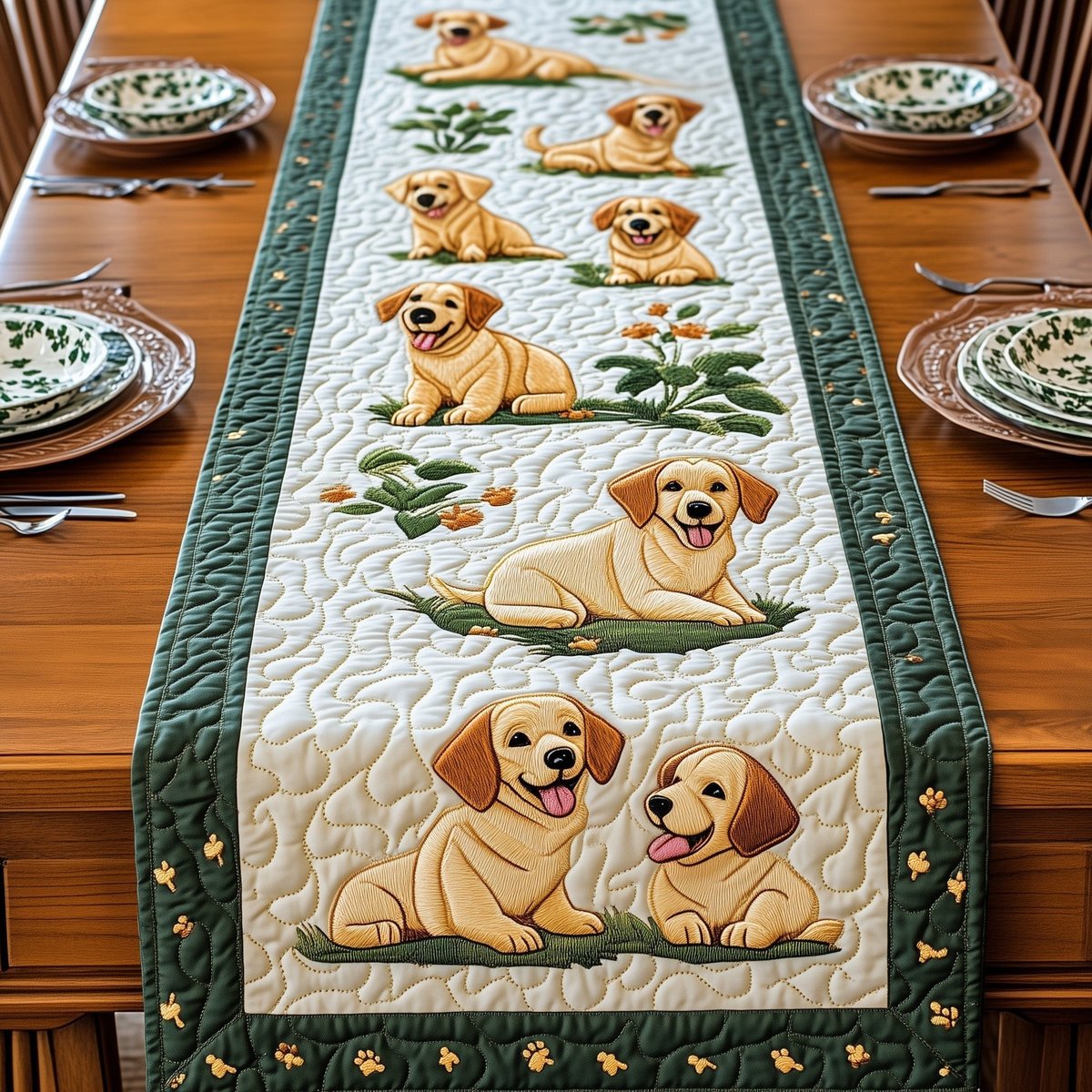 Yellow Labs with Green Border Table Runner - Made to Order TABLE928