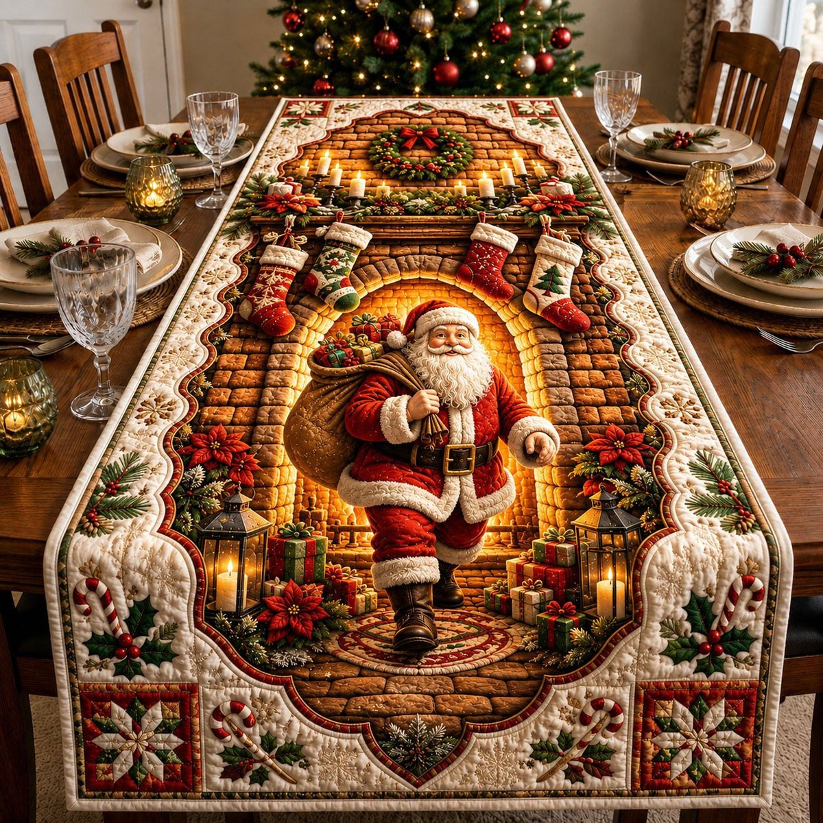Santa Christmas Fireplace Table Runner - Made to Order TABLE928