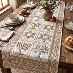 Ivory Menorah and Star of David Panels Table Runner - Made to Order TABLE928