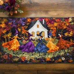 Witches in an Autumn Village Table Runner - Made to Order TABLE928