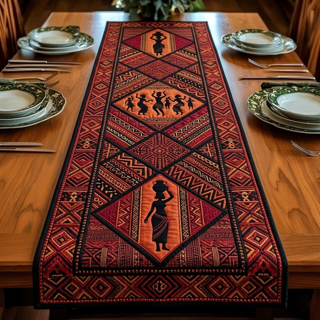 Women Silhouettes on Red Tribal Panel Table Runner - Made to Order TABLE928