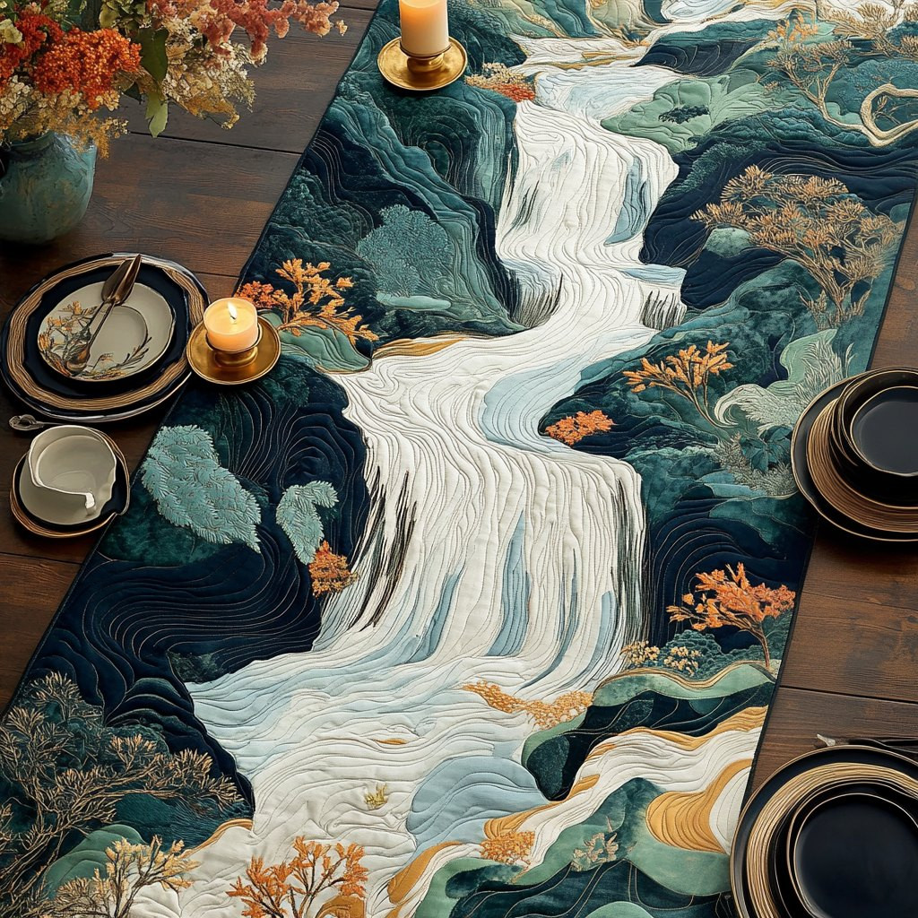 Woodblock Japanese Waterfall Table Runner - Made to Order TABLE928